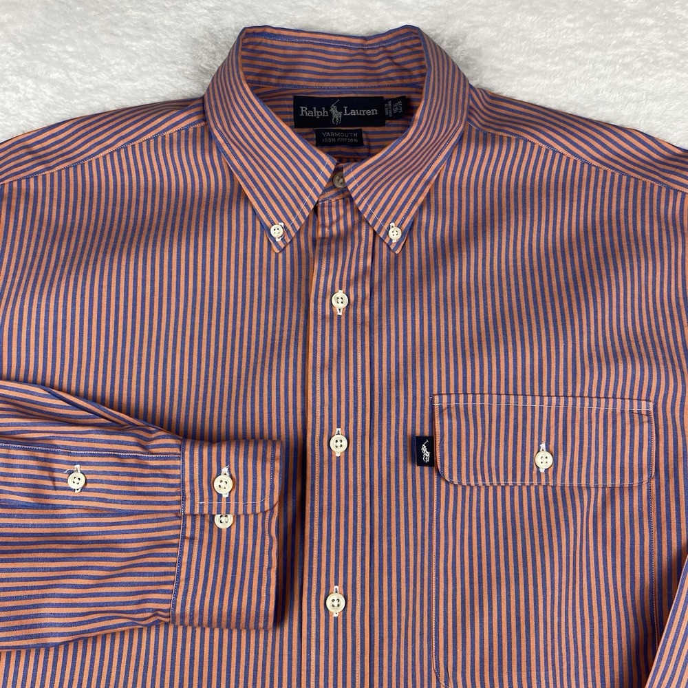 Ralph Lauren Shirt Mens 16.5-34/35 Orange/Blue Stripe Yarmouth Flap Chest Pocket